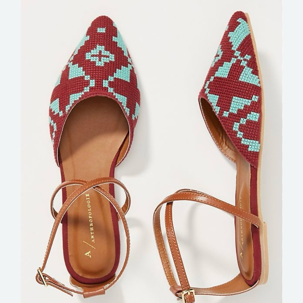 Anthropologie Red and Blue Patterned Flats